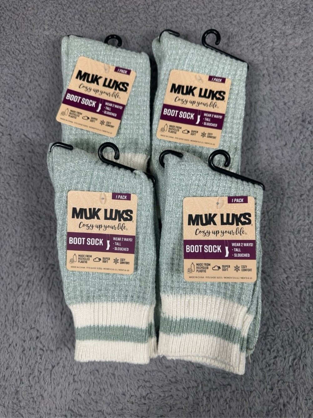 4 Pair Muk Luks Women’s Boot Socks Sage Green Crew Size 6-11